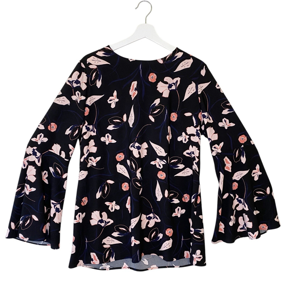 Halogen Blouse Womens Large Black/Pink Flare Bell Sleeve Bow Back Floral